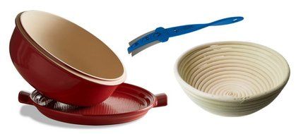 Emile Henry Ceramic Bread Cloche Burgundy, Mure Peyrot Boulange Lame, Banneton Proofing Basket Round 8 Inch Bundle