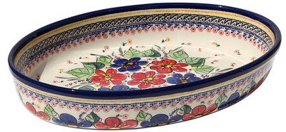 Polish Pottery Oval Baker From Zaklady Ceramiczne Boleslawiec #350-233 Art Unikat Signature Pattern, Width: 12...
