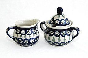 Polish Pottery Peacock Sugar &amp; Creamer
