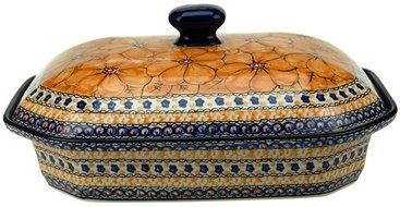 Ceramika Artystyczna Polish Hand Painted Baking Dish with Lid - 12" x 9.5" x 5" (Orange Flowers)