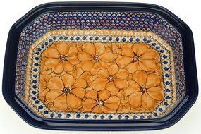 Ceramika Artystyczna Polish Hand Painted Baking Dish with Lid - 12" x 9.5" x 5" (Orange Flowers) N2