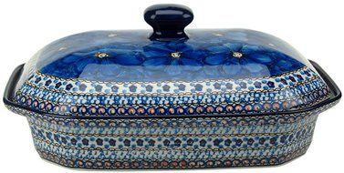 Ceramika Artystyczna Polish Hand Painted Baking Dish with Lid - 12" x 9.5" x 5" (Orange Flowers) N4