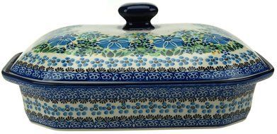 Ceramika Artystyczna Polish Hand Painted Baking Dish with Lid - 12" x 9.5" x 5" (Orange Flowers) N7