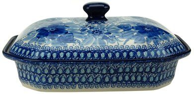 Ceramika Artystyczna Polish Hand Painted Baking Dish with Lid - 12" x 9.5" x 5" (Orange Flowers) N10