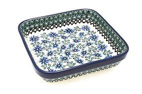 Polish Pottery Baker - Shallow Square - Small - Blue Chicory