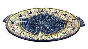 Polish Pottery Blue Butterfly Chip &amp; Dip Plate