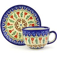 Ceramika Bona H7386G Polish Pottery Ceramic Cup with Saucer Hand Painted, 7-Ounce