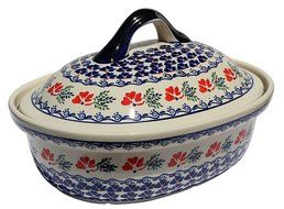Polish Pottery Oval Casserole Dish From Zaklady Ceramiczne Boleslawiec #1158-1115 Classic Pattern, Height: 7.6...