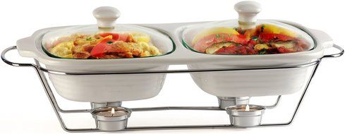 Circleware Ceramic Chafer Double Buffet Server/warmer/baker Serving Tray with Glass Lid and Chrome Metal Serving... N5