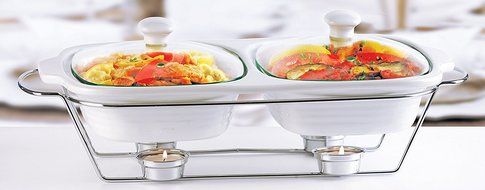 Circleware Ceramic Chafer Double Buffet Server/warmer/baker Serving Tray with Glass Lid and Chrome Metal Serving... N6