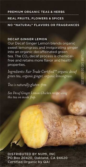 Numi Organic Tea Ginger Sun, Full Leaf Lemon Decaf Green Tea, 16 Count Tea Bags (Pack of 3)