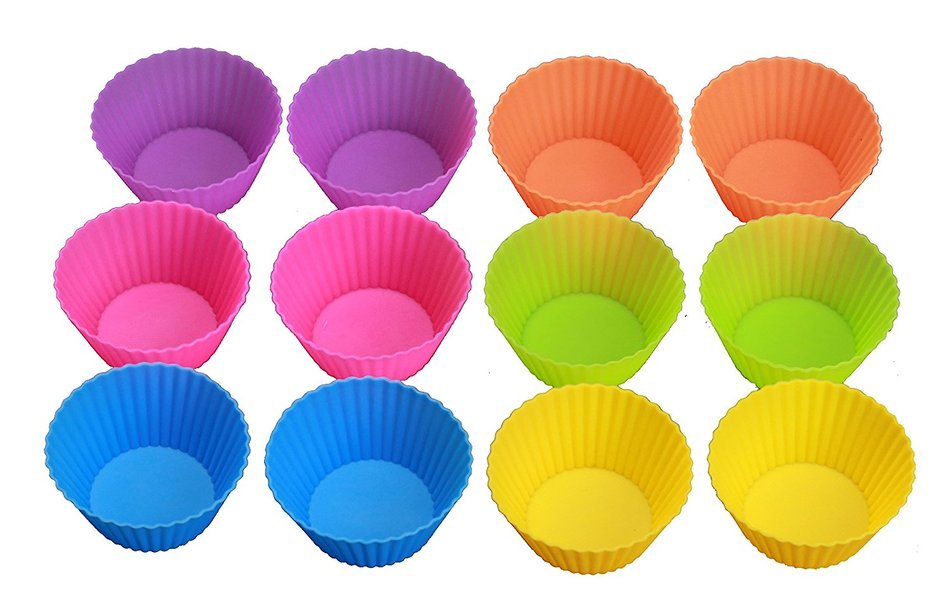 Silicone Baking Cups - Set of 12 Reusable Muffin and Cupcake Liners - Nonstick Cake Molds - With Red, Yellow,...
