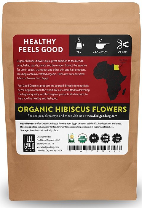 Organic Hibiscus Flowers - Cut & Sifted - 16oz Resealable Bag (1lb) - 100% Raw From Egypt - by Feel Good Organics N2