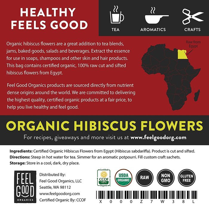 Organic Hibiscus Flowers - Cut & Sifted - 16oz Resealable Bag (1lb) - 100% Raw From Egypt - by Feel Good Organics N3