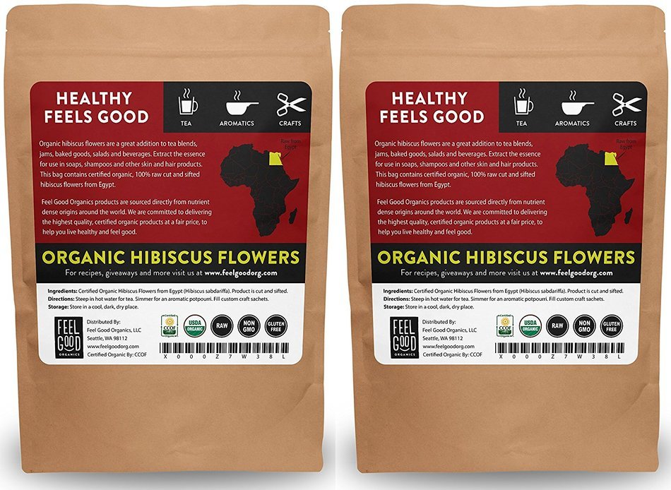 Organic Hibiscus Flowers - Cut & Sifted - 16oz Resealable Bag (1lb) - 100% Raw From Egypt - by Feel Good Organics N8