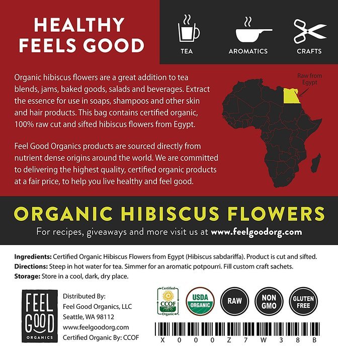 Organic Hibiscus Flowers - Cut & Sifted - 16oz Resealable Bag (1lb) - 100% Raw From Egypt - by Feel Good Organics N11
