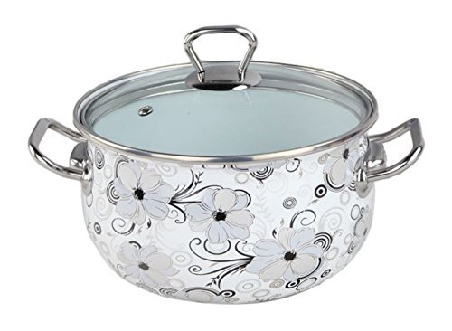 Europe Ware K1279/24 Enamel 6.5 quart Casserole Pan with Lid and Decorative Design, Large, White/Black
