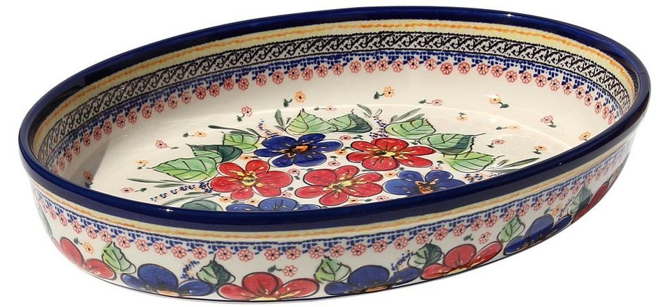 Polish Pottery Oval Baker From Zaklady Ceramiczne Boleslawiec #350-233 Art Unikat Signature Pattern, Width: 12...