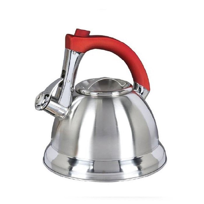 Mr Coffee Collins Brook Tea Kettle with Red Handle and Push Button Spout Trigger, 2.4 quart, Stainless Steel