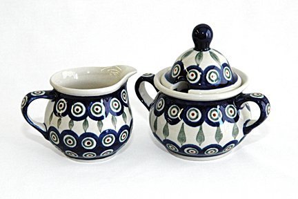 Polish Pottery Peacock Sugar & Creamer