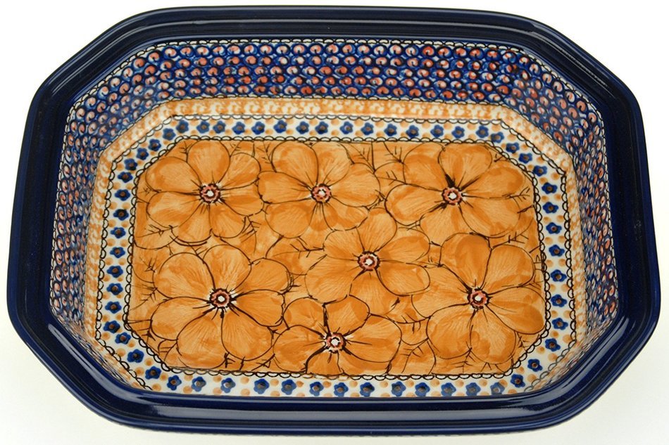 Ceramika Artystyczna Polish Hand Painted Baking Dish with Lid - 12" x 9.5" x 5" (Orange Flowers) N2