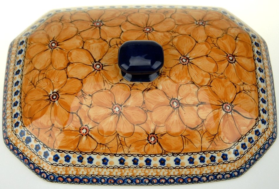 Ceramika Artystyczna Polish Hand Painted Baking Dish with Lid - 12" x 9.5" x 5" (Orange Flowers) N3