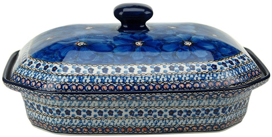 Ceramika Artystyczna Polish Hand Painted Baking Dish with Lid - 12" x 9.5" x 5" (Orange Flowers) N4