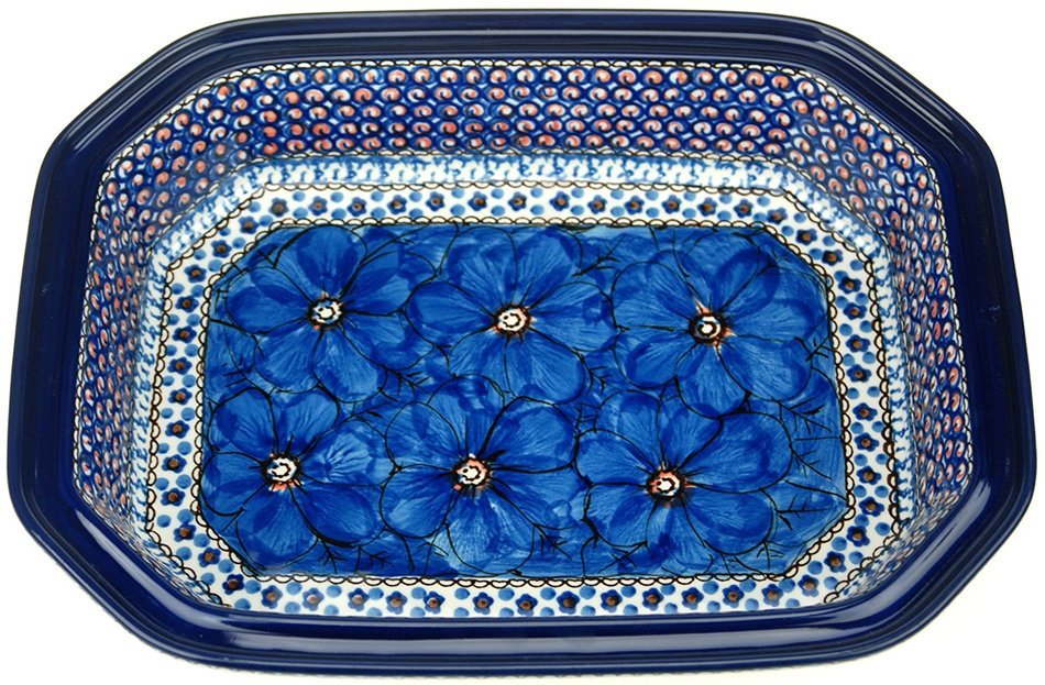 Ceramika Artystyczna Polish Hand Painted Baking Dish with Lid - 12" x 9.5" x 5" (Orange Flowers) N5