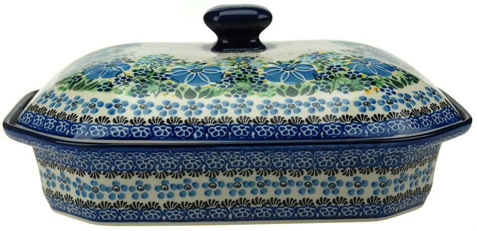Ceramika Artystyczna Polish Hand Painted Baking Dish with Lid - 12" x 9.5" x 5" (Orange Flowers) N7