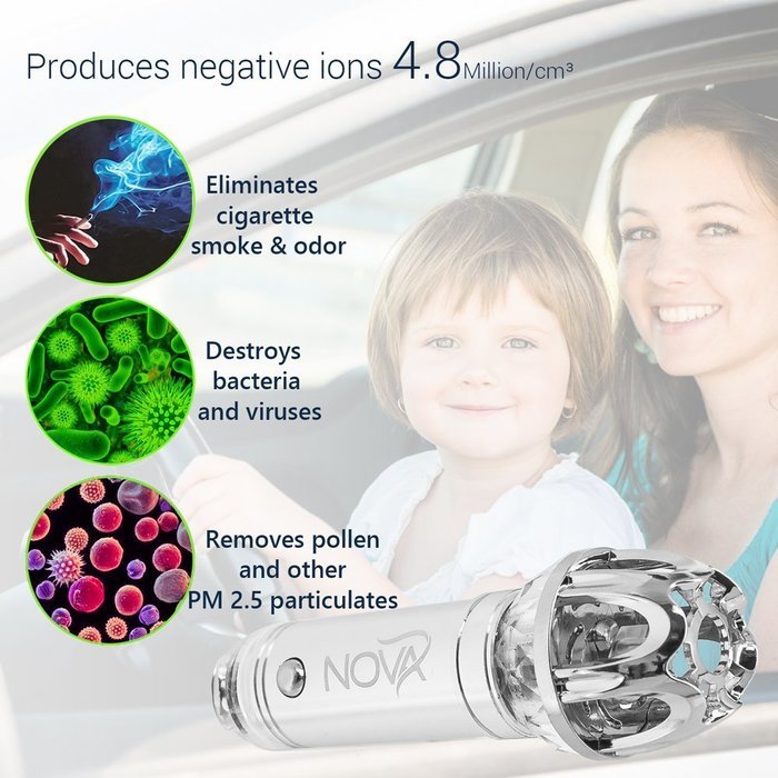 Car Air Purifier and Ionizer by Nova - Best Auto Freshener - Negative Ion & Ozone Generator - Removes Dust, Pollen... N2