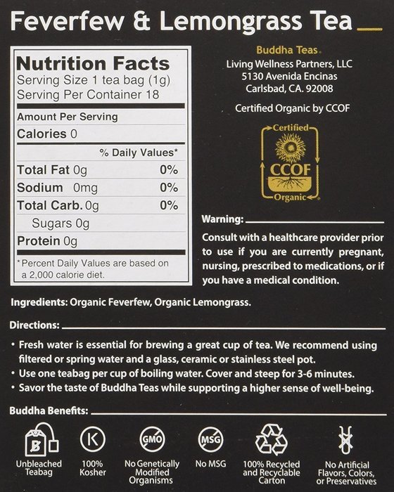 Feverfew & Lemongrass Tea - Organic Herbs - 18 Bleach Free Tea Bags N2
