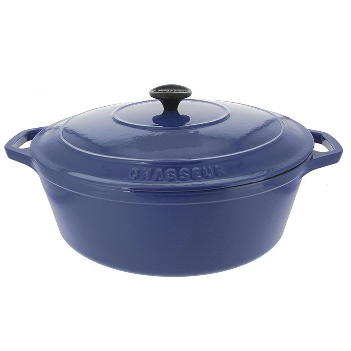French Home Chasseur 7.8 quart Cast Iron Oval Casserole with Lid, 17" by 11", French Blue