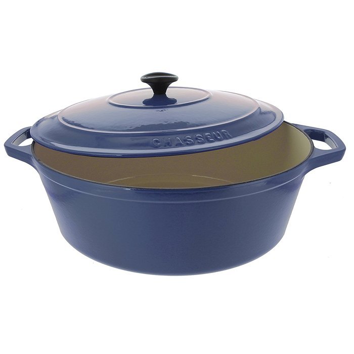 French Home Chasseur 7.8 quart Cast Iron Oval Casserole with Lid, 17" by 11", French Blue N2