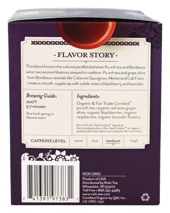 Rishi Tea Organic Pu-Erh Tea Bordeaux -- 15 Tea Bags N2