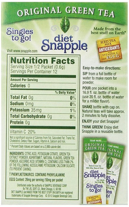 Diet Snapple Singles To Go Green Tea, 6-Count, Pack of 12 N3