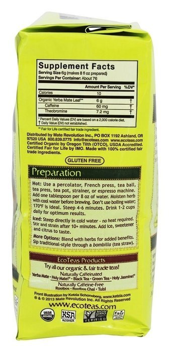 Eco Teas Organic Yerba Mate Unsmoked Green Energy, 24-Tea Bags