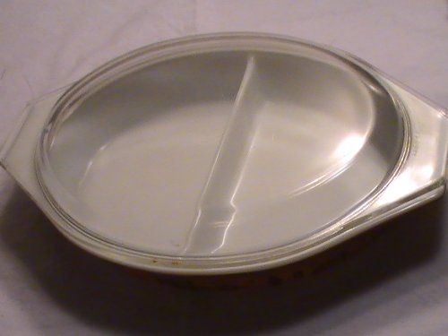 Vintage Pyrex Brown Americana 1 1/2 Quart Divided Casserole Dish with Lid N3