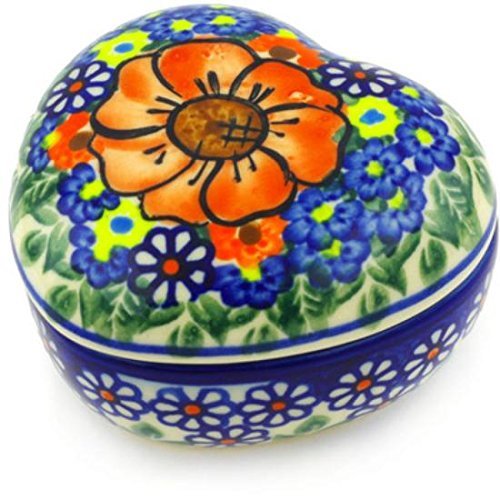 Ceramika Bona H2936G Polish Pottery Ceramic Heart Shaped Jar Hand Painted, 4-Inch