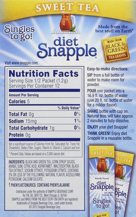 DIET SNAPPLE "Sweet Tea" Singles to go 6 sticks per Pack (Pack of 6) N2