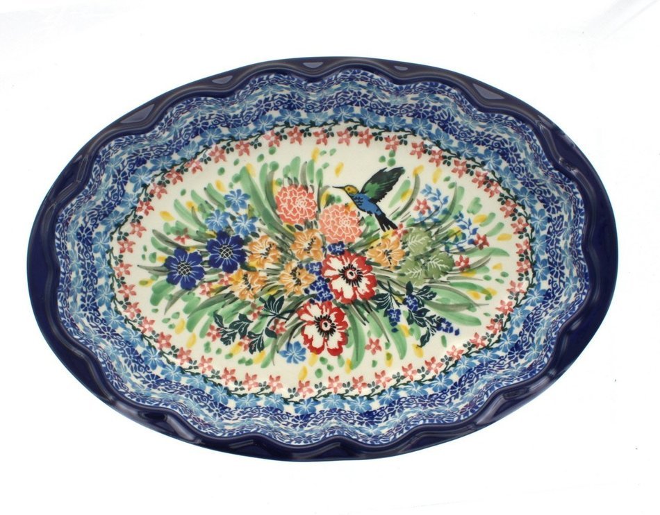 Polish Pottery Hummingbird Scallop Baking Dish N2