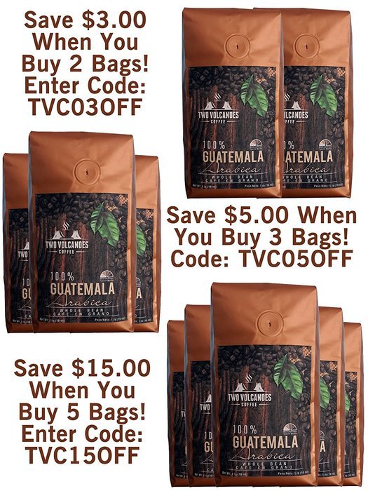 Two Volcanoes Coffee - Gourmet Guatemala Whole Bean Medium Roast Single-Origin Coffee. 1 lb N2