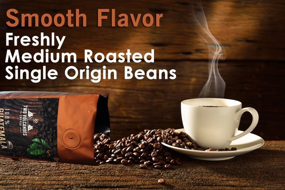 Two Volcanoes Coffee - Gourmet Guatemala Whole Bean Medium Roast Single-Origin Coffee. 1 lb N9