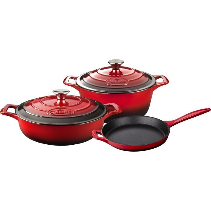 La Cuisine LC 2600 5 Piece Enameled Cast Iron Round Casserole Cookware Set, Red