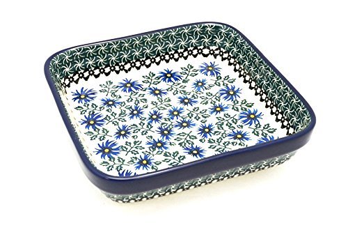 Polish Pottery Baker - Shallow Square - Small - Blue Chicory