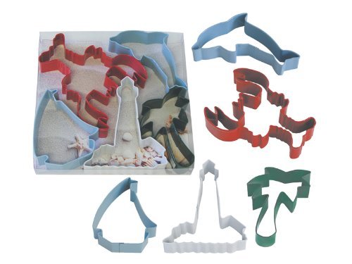 R & M International 1960 5-Piece Beach Resin Coated Cookie Cutter Set, Lobster/Lighthouse/Dolphin/Sailboat/Palm...