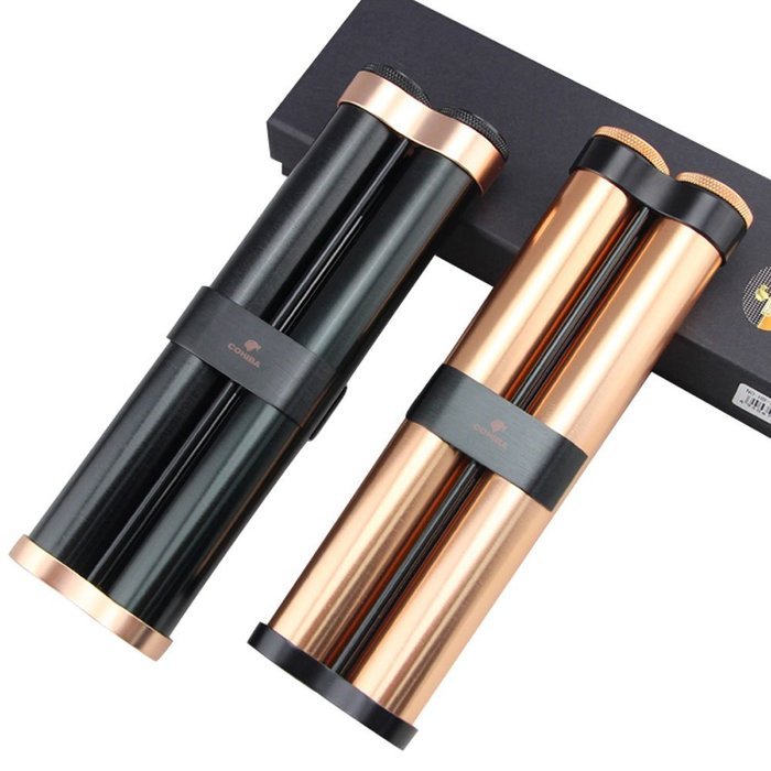 Cigar Metal Aluminum Case 2 Tubes Holder Hydrating With Humidifier (Black)