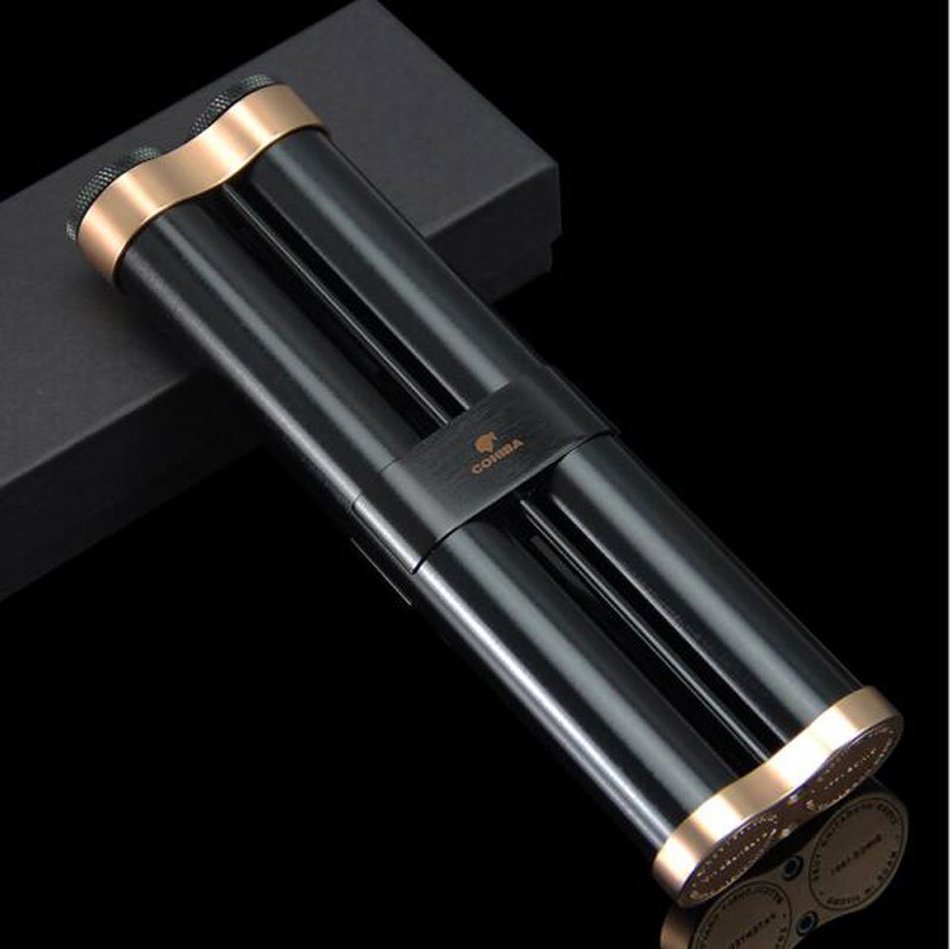Cigar Metal Aluminum Case 2 Tubes Holder Hydrating With Humidifier (Black) N2