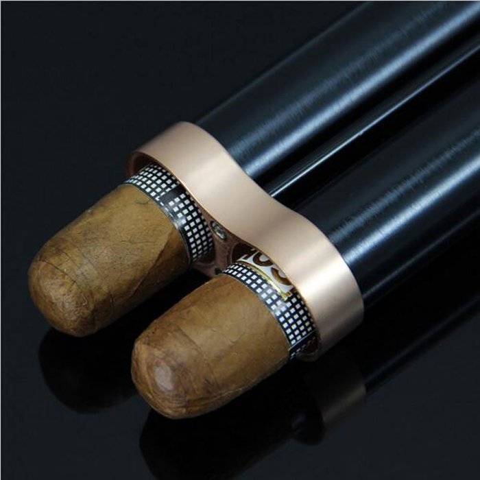 Cigar Metal Aluminum Case 2 Tubes Holder Hydrating With Humidifier (Black) N3