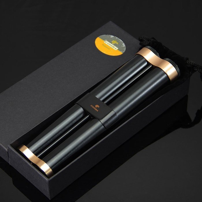 Cigar Metal Aluminum Case 2 Tubes Holder Hydrating With Humidifier (Black) N4