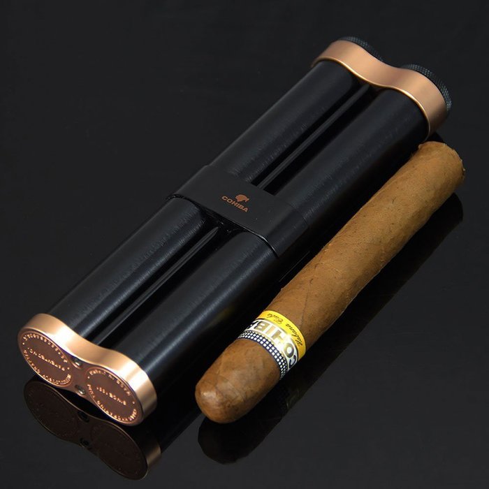 Cigar Metal Aluminum Case 2 Tubes Holder Hydrating With Humidifier (Black) N5